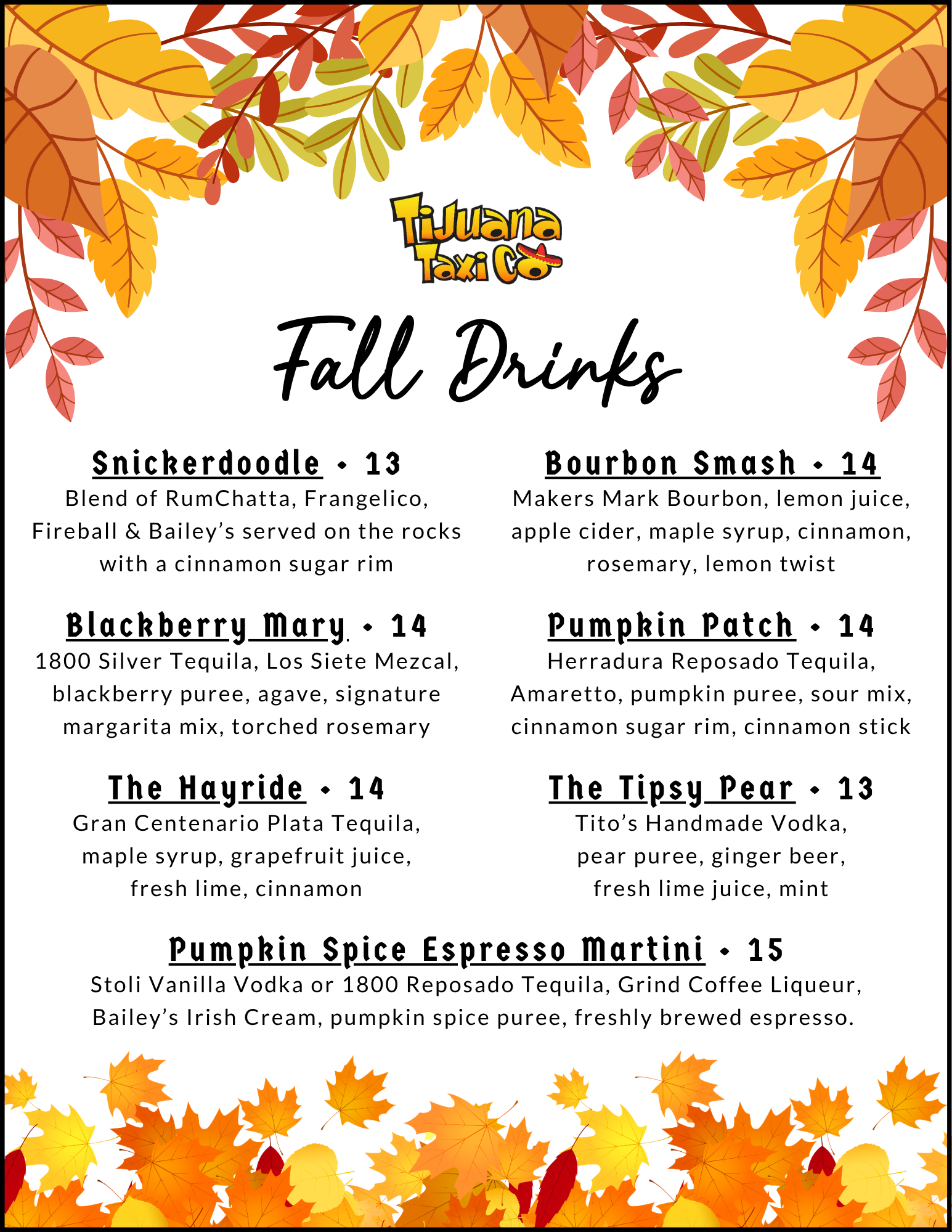 Fall Drink Menu, Tijuana Taxi Co., Coral Springs