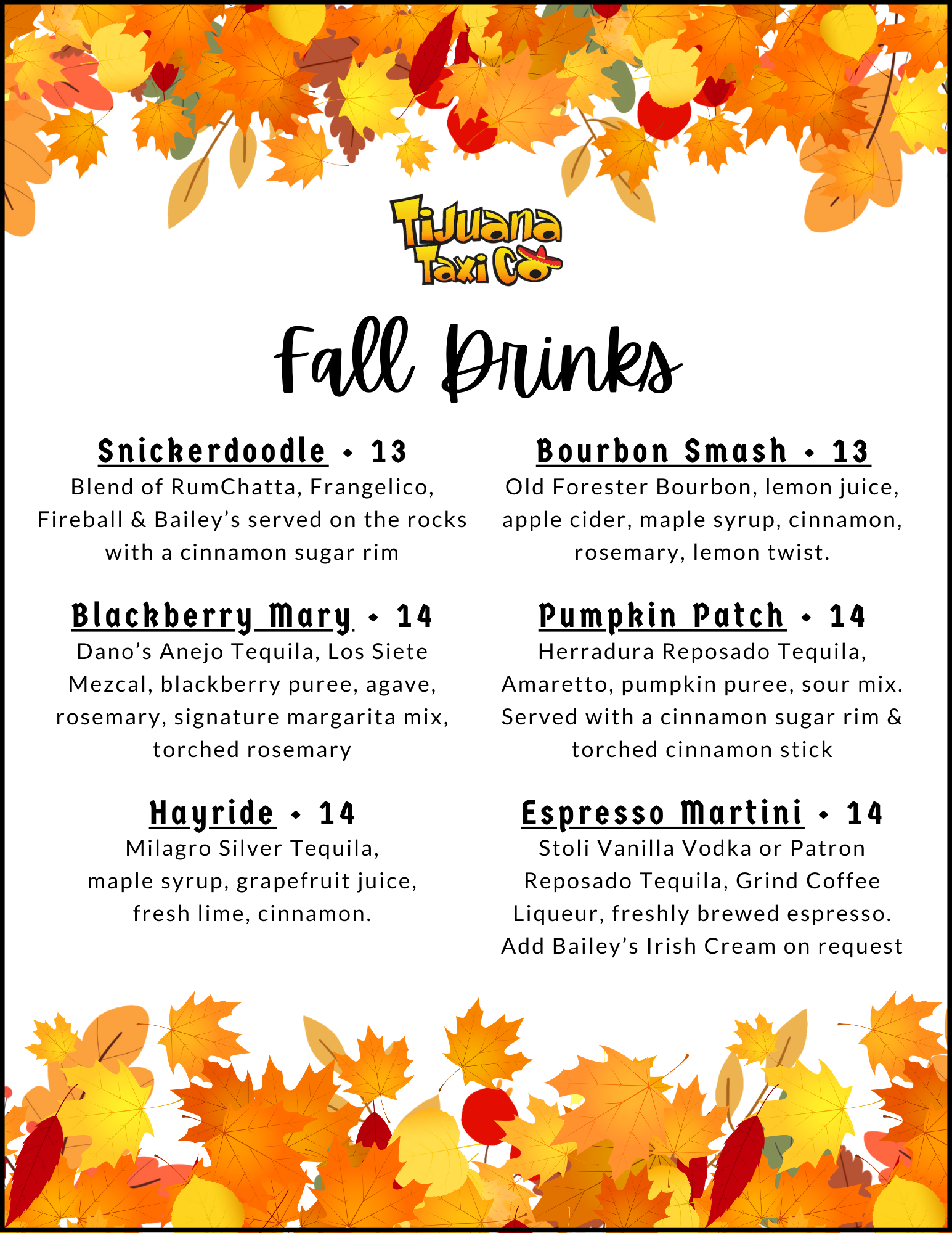 Fall Drinks, Tijuana Taxi Co, Coral Springs
