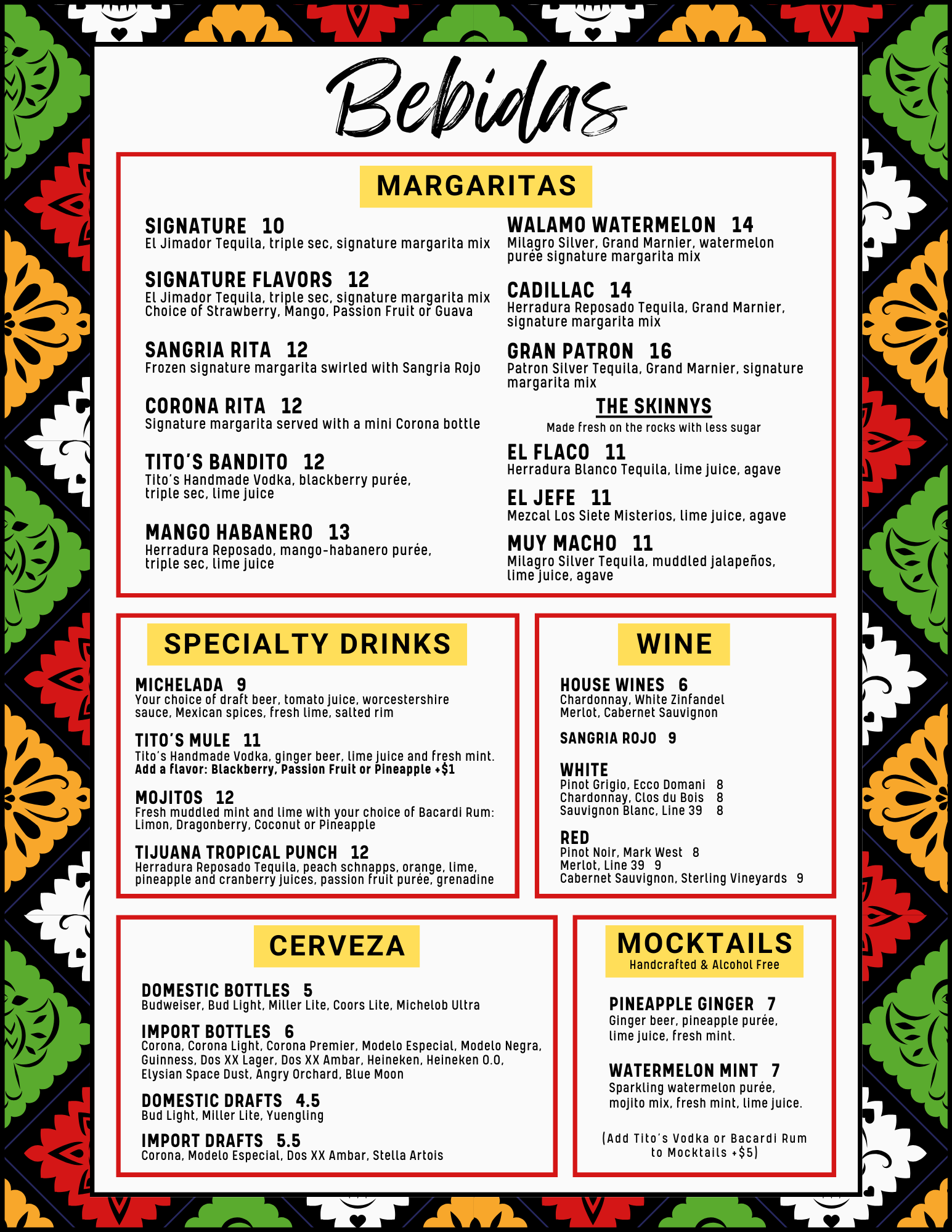 Tijuana Taxi Co, Drink Menu, Coral Springs, Davie, Deerfield Beach