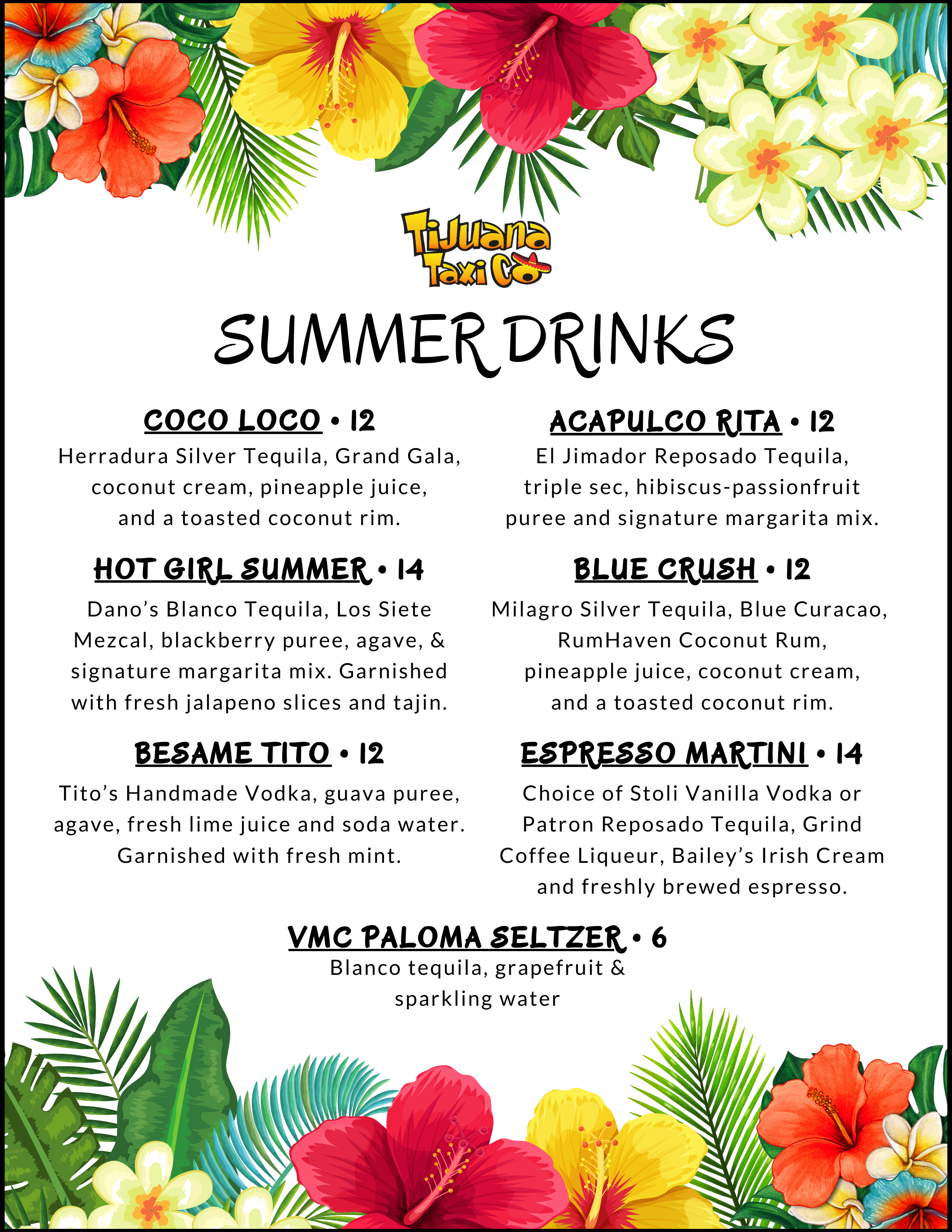 Summer Drink Menu, Tijuana Taxi, Margaritas