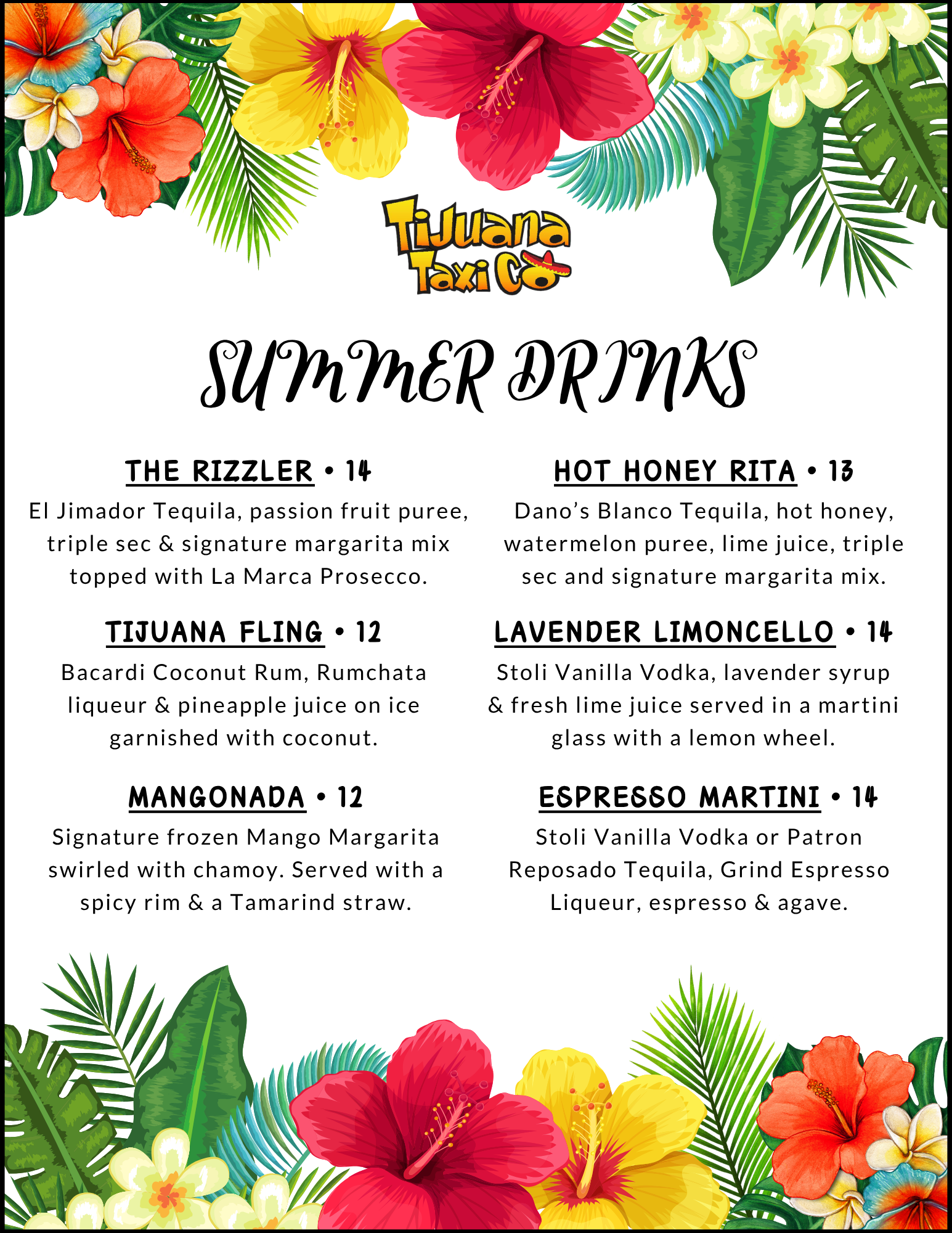 Davie Summer Drink Menu, Tijuana Taxi, Margaritas