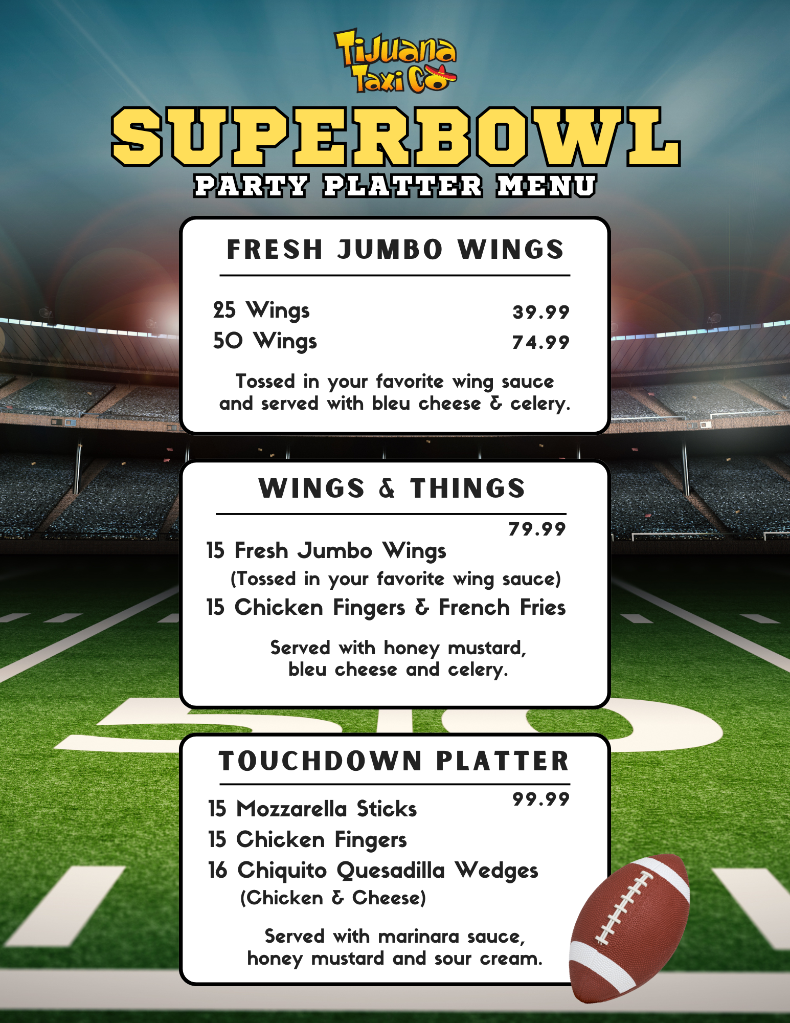 Superbowl Menu, tijuana taxi co