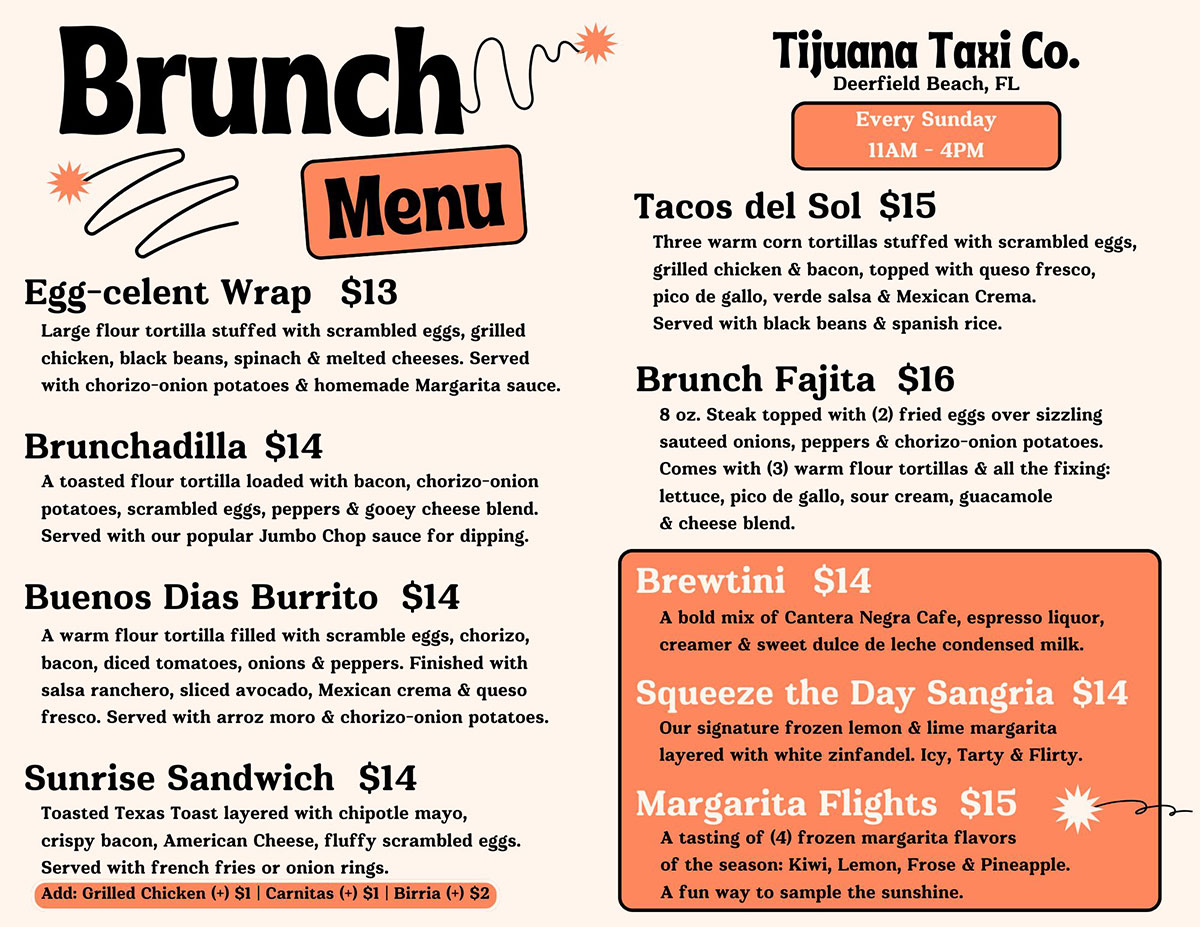 Tijuana Taxi Deerfield Beach Brunch Menu
