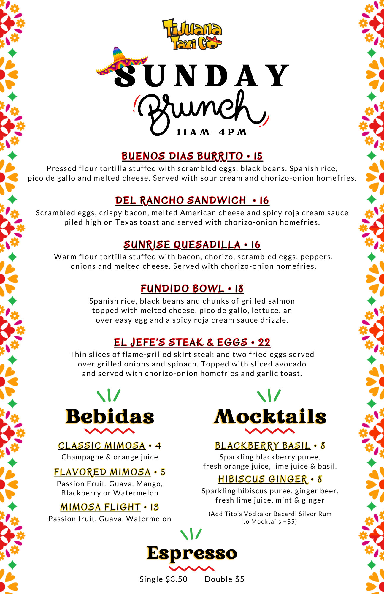 Tijuana Taxi Coral Spring Brunch Menu