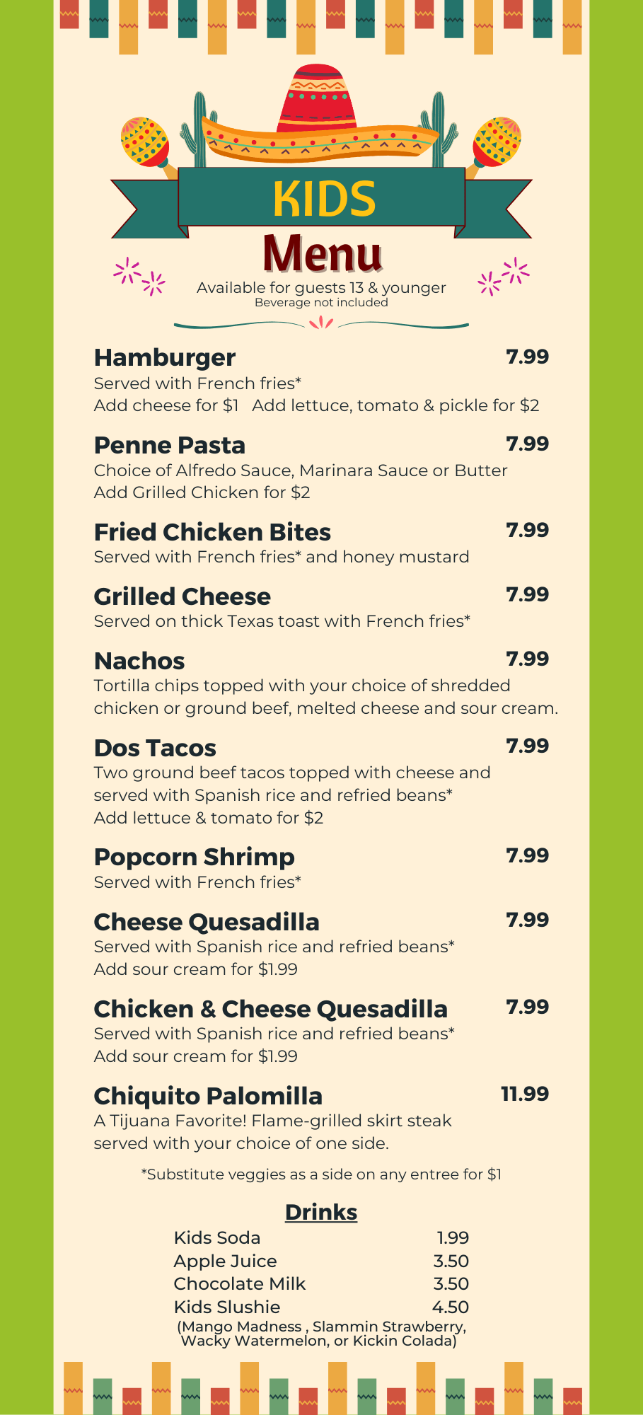 Kids Menu, tijuana taxi co, davie, coral springs, deerfield beach