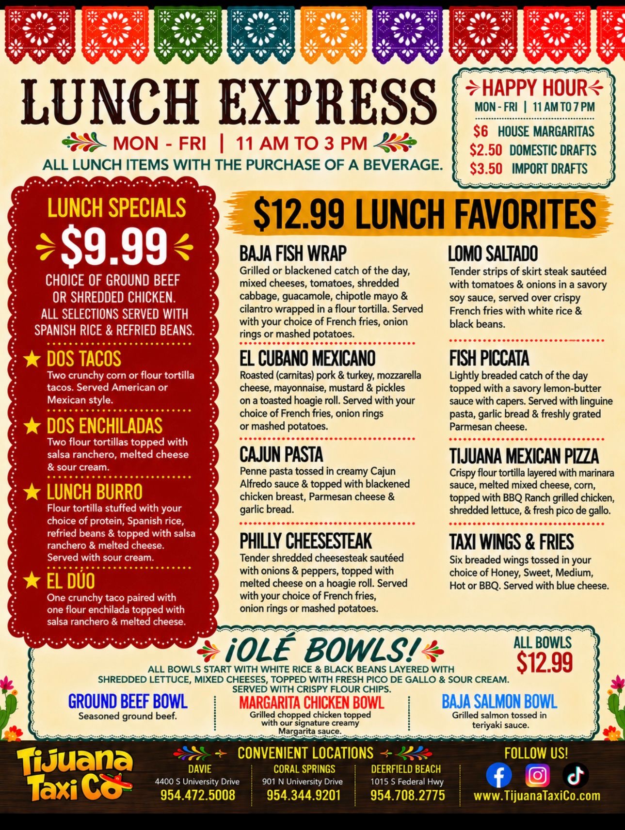 Lunch Menu, Tijuana Taxi Co., Davie, Coral Springs, Deerfield Beach, Mexican Restaurant